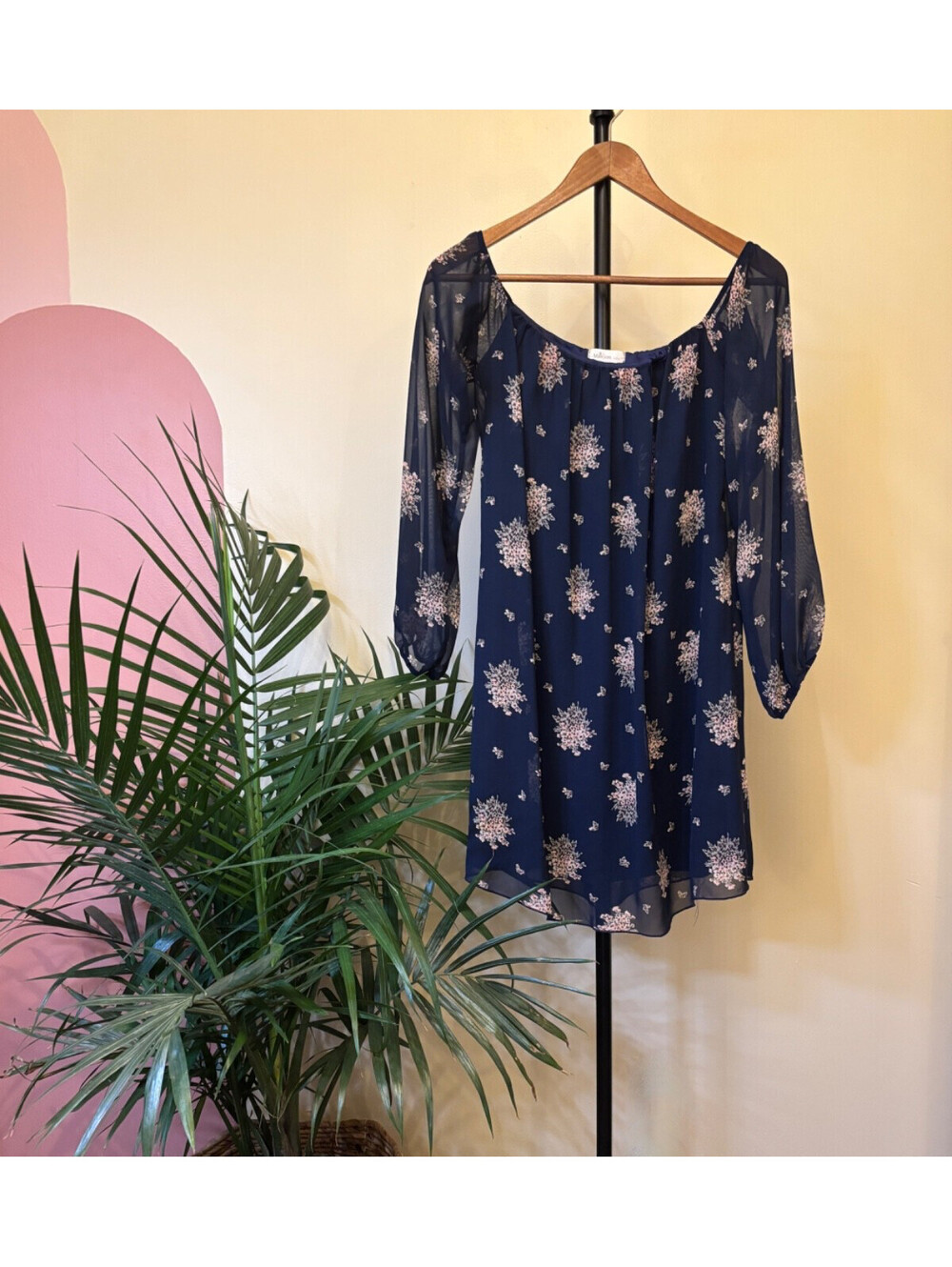 Millibon Navy Floral Chiffon Shift Dress Round Neck  Puff Sleeve Boho Size Large